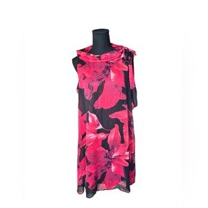 Robbie Bee Red Floral Chiffon Tie-Shoulder Dress 14 Romantic Sleeveless Overlay